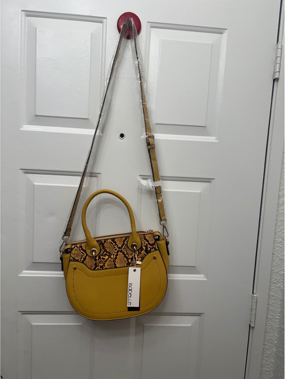Isabelle Yellow Faux Leather Satchel Crossbody Bag with Snakeskin Trim